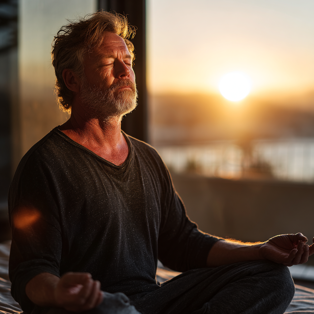 Serene middle-aged man practicing breathing meditation in lotus position with eyes closed in peaceful morning light